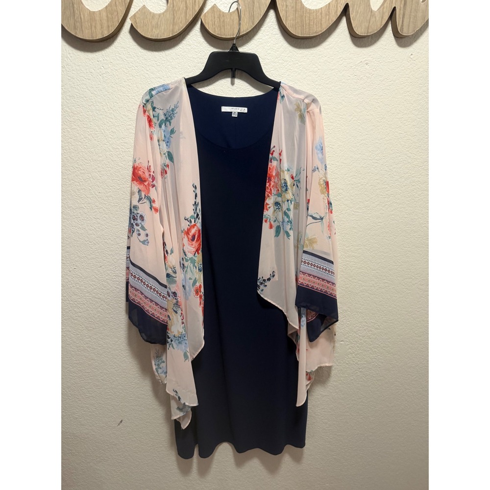 Studio One New York Womens 3X Navy Blue Floral Chiffon Layered Cardigan Dress